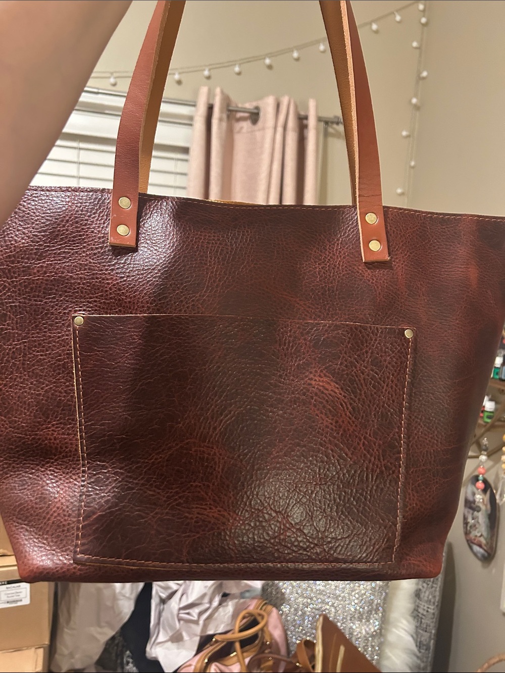 Portland Large Leather Brown Cinnamon Bear Leather Tote with Tan Handles
